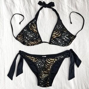 Black & gold sequin bikini set with halter tie, size L